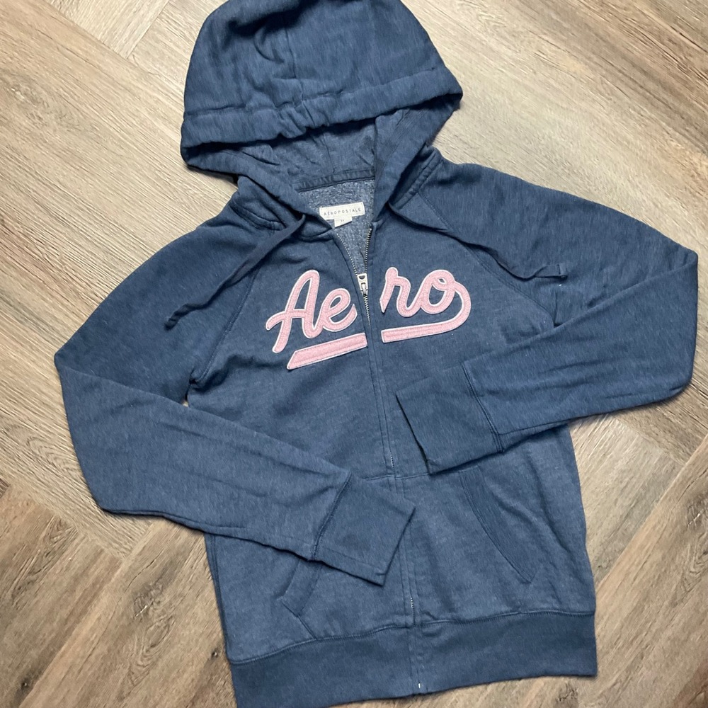 Aeropostale Full Zip Puff Logo Boho Preppy‎ Sweatshirt Hoodie Women XS Blue Pink
